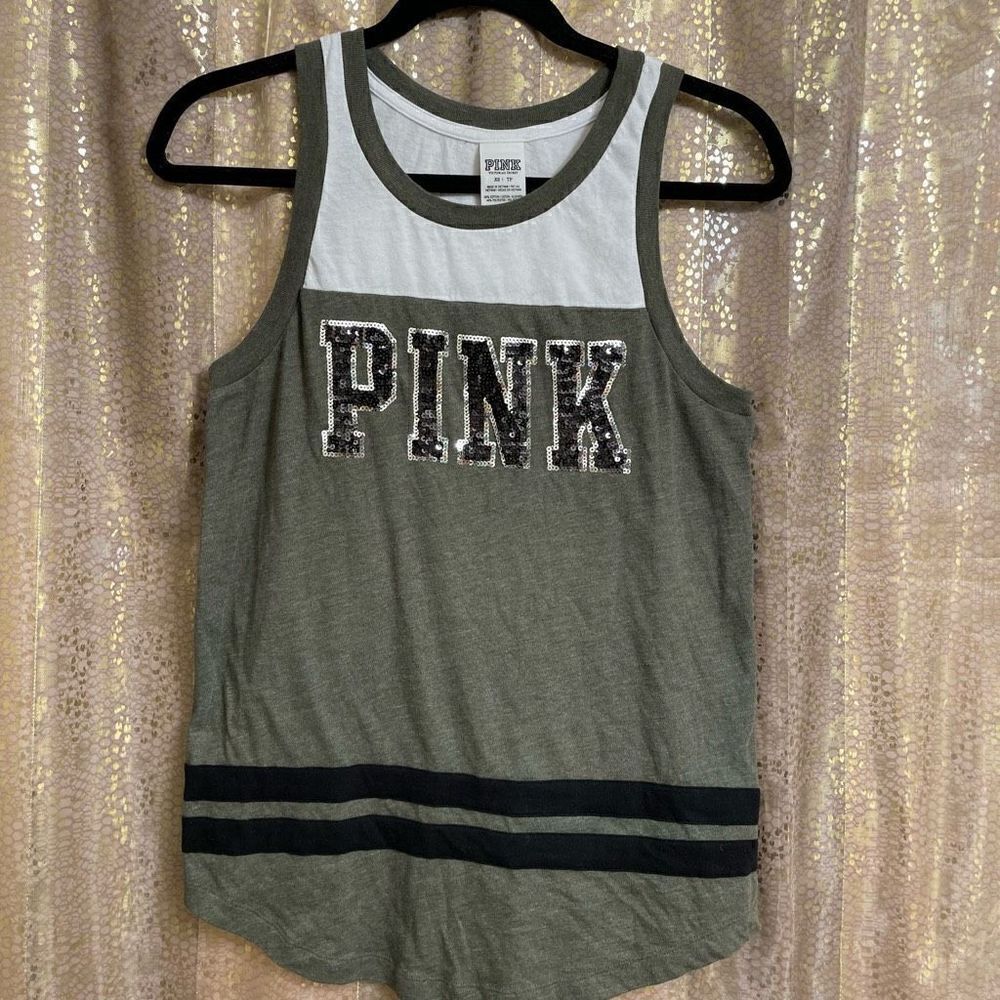 PINK Victorias Secret Olive Green‎ Black Silver Sequin Bling Tank Top, XS